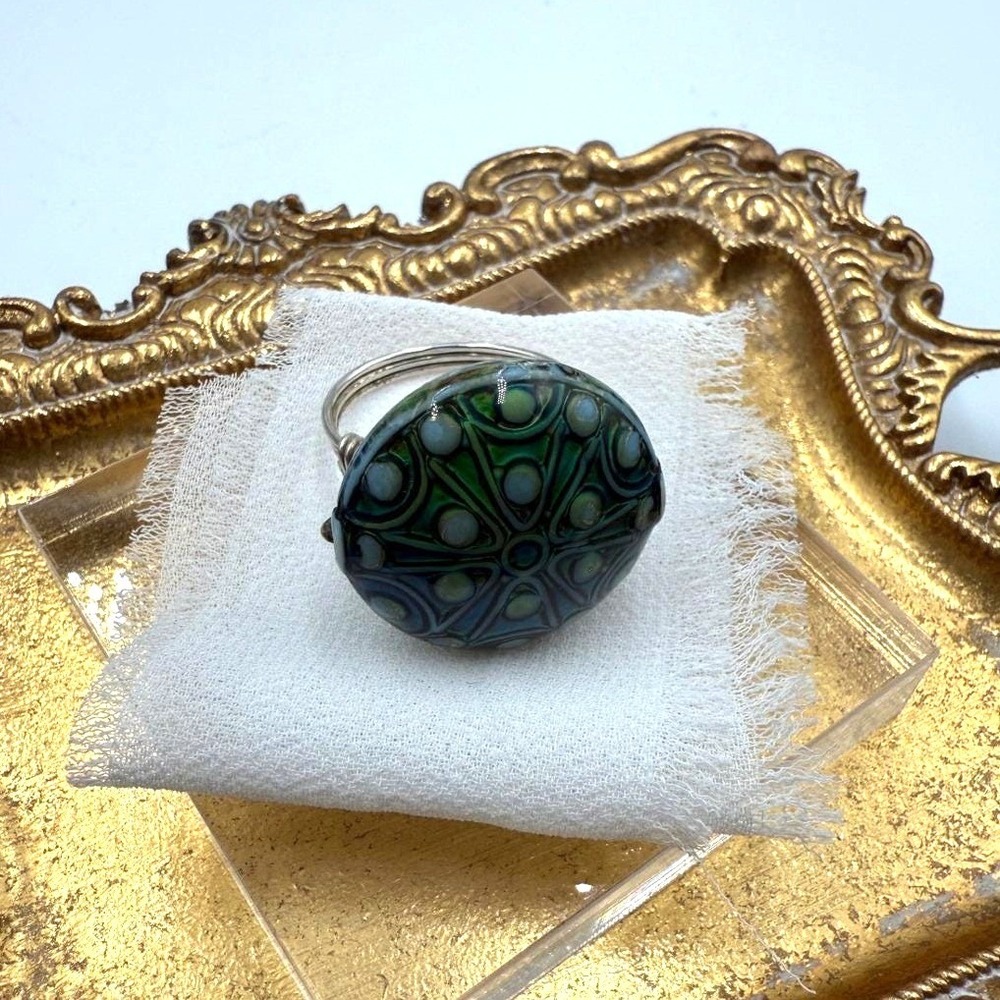 Artisan Wire Wrapped Millefiori Glass Statement Ring Green Teal Geometric Sz 7.5